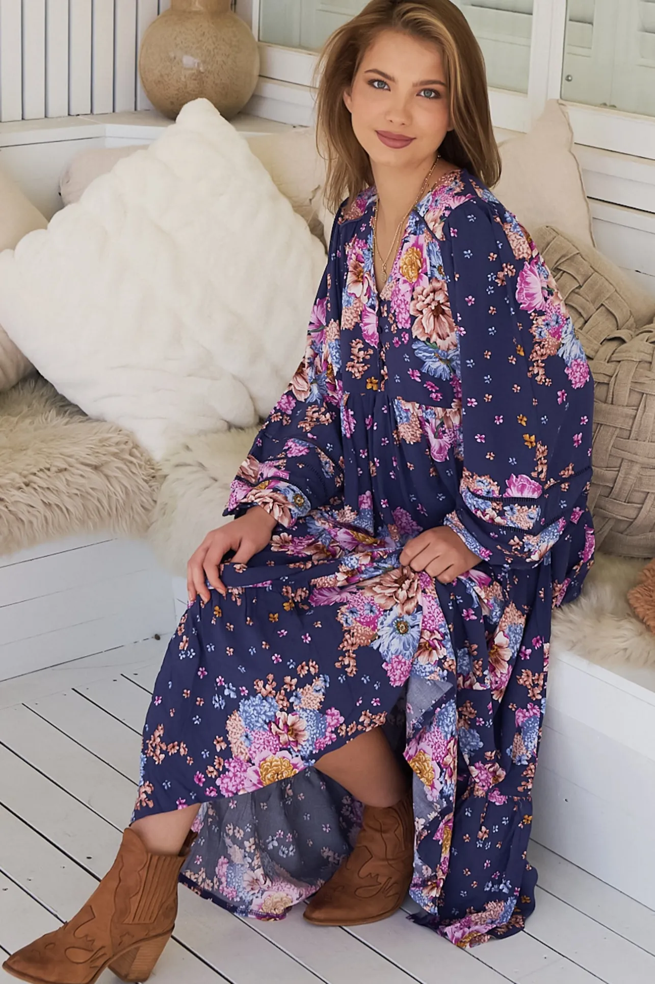 Eve Midi Dress - V Neck Long Sleeve Tiered Dress with Option Waist Tie in Wild Whim Print>Jaase Outlet