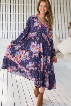Eve Midi Dress - V Neck Long Sleeve Tiered Dress with Option Waist Tie in Wild Whim Print><noscript><img width=