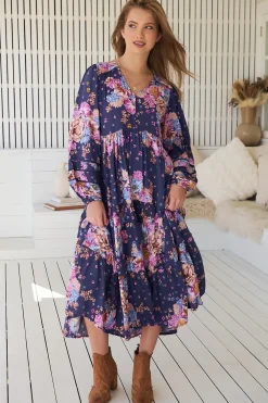 Eve Midi Dress - V Neck Long Sleeve Tiered Dress with Option Waist Tie in Wild Whim Print><noscript><img width=
