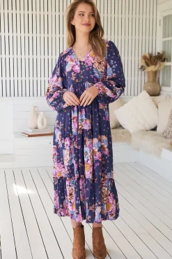 Eve Midi Dress - V Neck Long Sleeve Tiered Dress with Option Waist Tie in Wild Whim Print><noscript><img width=