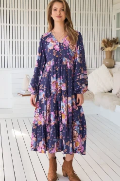 Eve Midi Dress - V Neck Long Sleeve Tiered Dress with Option Waist Tie in Wild Whim Print><noscript><img width=