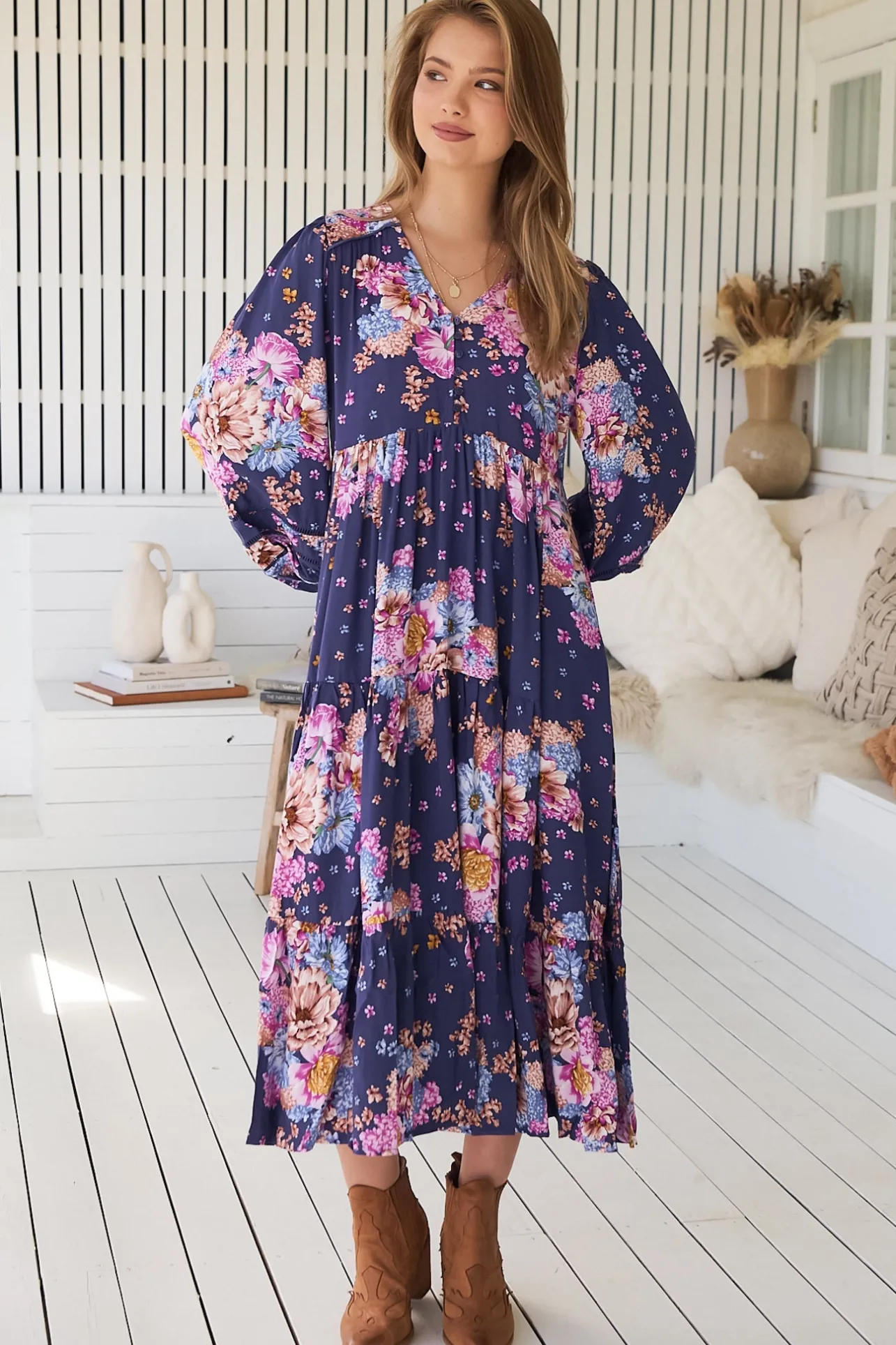 Eve Midi Dress - V Neck Long Sleeve Tiered Dress with Option Waist Tie in Wild Whim Print>Jaase Outlet