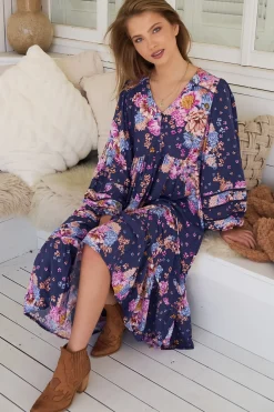Eve Midi Dress - V Neck Long Sleeve Tiered Dress with Option Waist Tie in Wild Whim Print><noscript><img width=