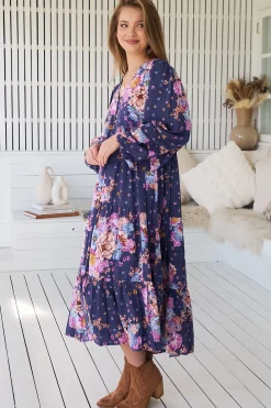 Eve Midi Dress - V Neck Long Sleeve Tiered Dress with Option Waist Tie in Wild Whim Print><noscript><img width=