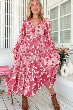 Eve Midi Dress - V Neck Long Sleeve Tiered Dress with Option Waist Tie in Soulina Print>Jaase Sale