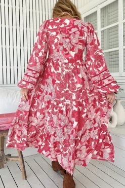 Eve Midi Dress - V Neck Long Sleeve Tiered Dress with Option Waist Tie in Soulina Print><noscript><img width=
