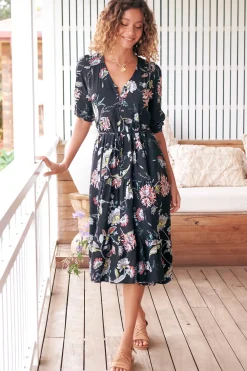 Eve Midi Dress - V Neck Tiered Dress with Option Waist Tie in Under The Stars Print><noscript><img width=