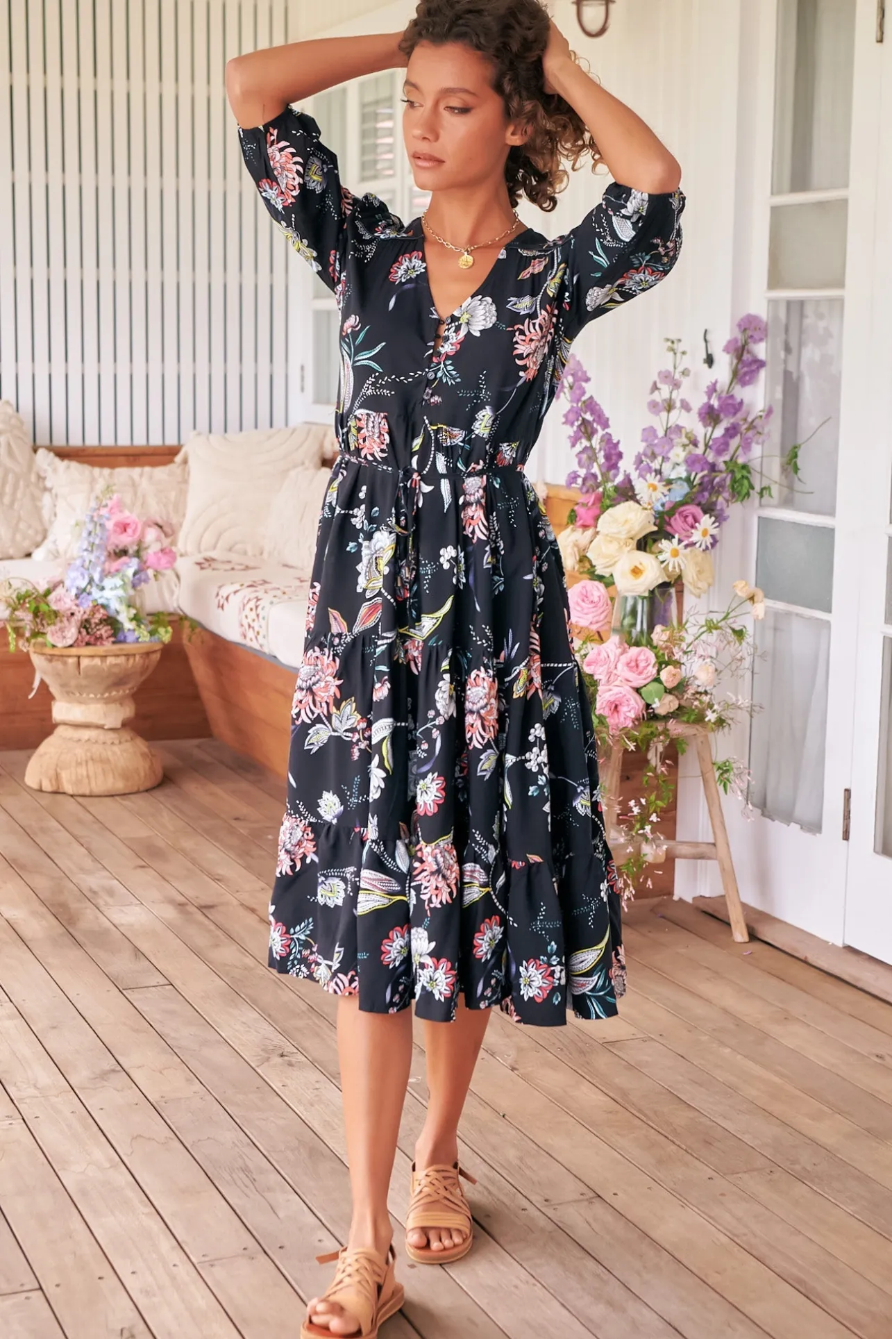 Eve Midi Dress - V Neck Tiered Dress with Option Waist Tie in Under The Stars Print>Jaase New