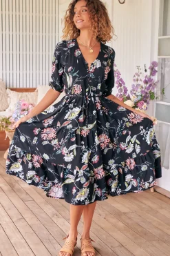Eve Midi Dress - V Neck Tiered Dress with Option Waist Tie in Under The Stars Print><noscript><img width=