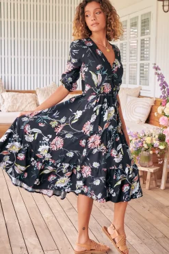 Eve Midi Dress - V Neck Tiered Dress with Option Waist Tie in Under The Stars Print><noscript><img width=