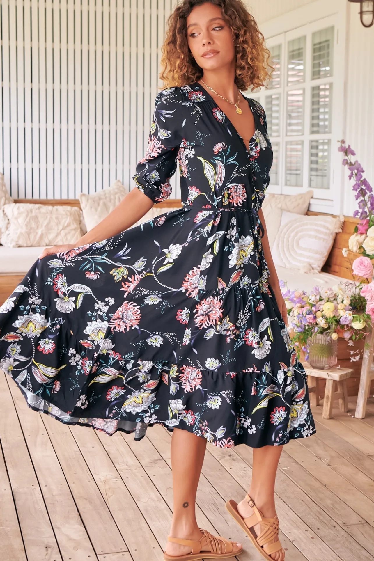 Eve Midi Dress - V Neck Tiered Dress with Option Waist Tie in Under The Stars Print>Jaase New