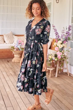 Eve Midi Dress - V Neck Tiered Dress with Option Waist Tie in Under The Stars Print><noscript><img width=