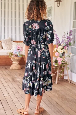 Eve Midi Dress - V Neck Tiered Dress with Option Waist Tie in Under The Stars Print><noscript><img width=
