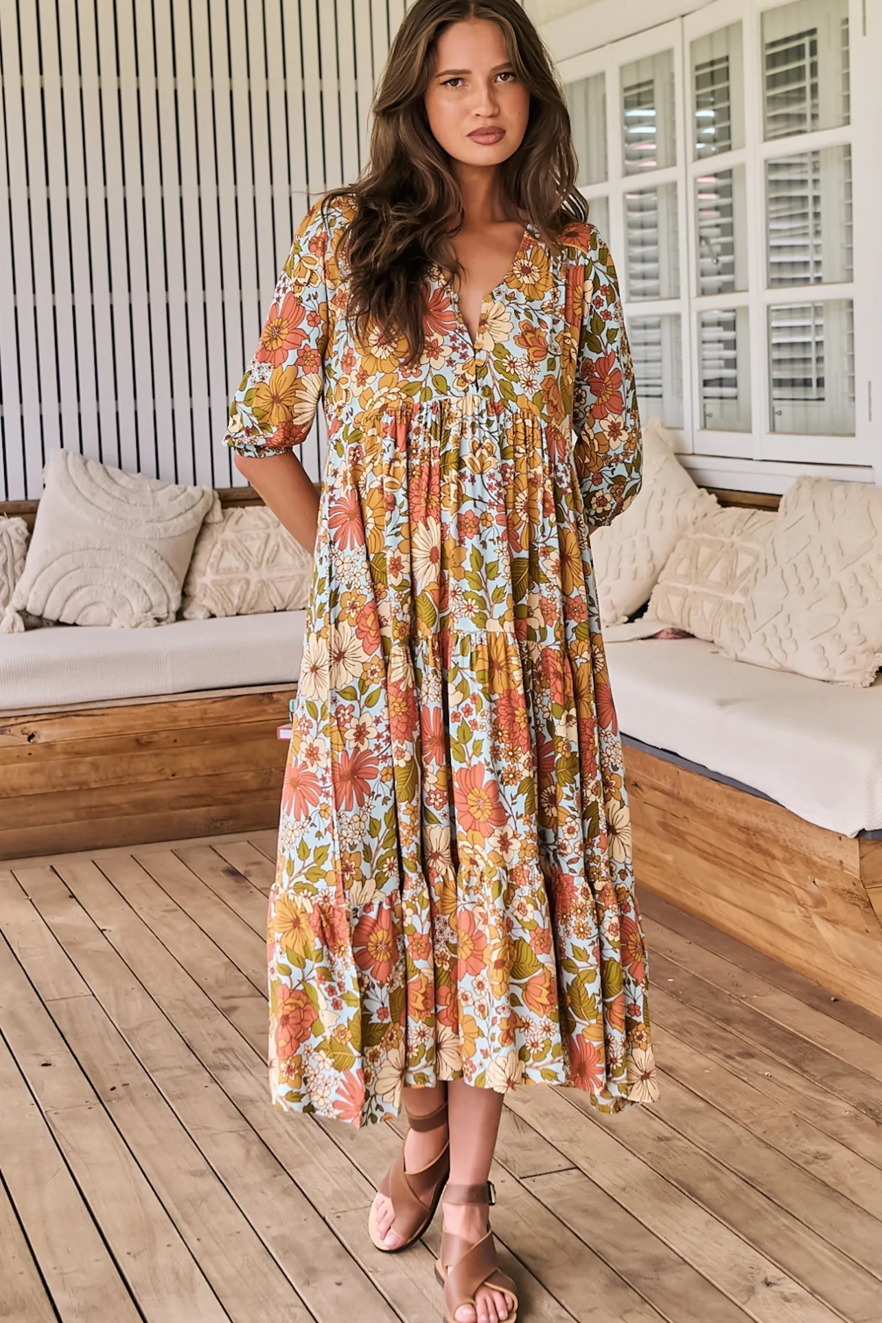 Eve Midi Dress - V Neck Tiered Dress with Option Waist Tie in Mimosa Print>Jaase Outlet