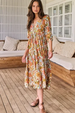 Eve Midi Dress - V Neck Tiered Dress with Option Waist Tie in Mimosa Print>Jaase Outlet