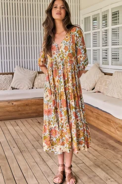 Eve Midi Dress - V Neck Tiered Dress with Option Waist Tie in Mimosa Print><noscript><img width=
