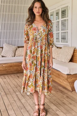 Eve Midi Dress - V Neck Tiered Dress with Option Waist Tie in Mimosa Print><noscript><img width=