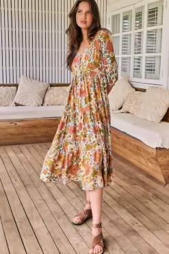Eve Midi Dress - V Neck Tiered Dress with Option Waist Tie in Mimosa Print><noscript><img width=