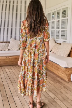 Eve Midi Dress - V Neck Tiered Dress with Option Waist Tie in Mimosa Print><noscript><img width=
