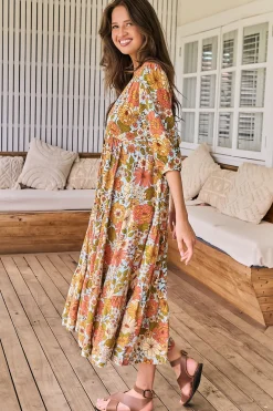 Eve Midi Dress - V Neck Tiered Dress with Option Waist Tie in Mimosa Print><noscript><img width=
