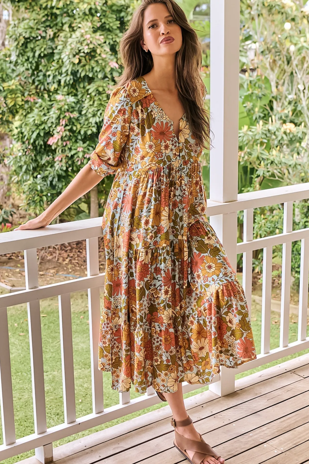 Eve Midi Dress - V Neck Tiered Dress with Option Waist Tie in Mimosa Print>Jaase Outlet