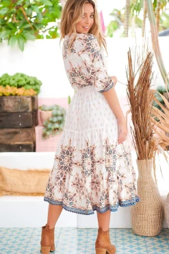 Eve Midi Dress - V Neck Tiered Dress with Option Waist Tie in Gemstone Print><noscript><img width=