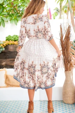Eve Midi Dress - V Neck Tiered Dress with Option Waist Tie in Gemstone Print><noscript><img width=