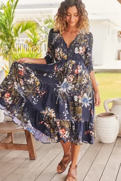 Eve Midi Dress - V Neck Tiered Dress with Optional Waist Tie in Indigo Print><noscript><img width=