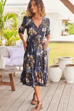Eve Midi Dress - V Neck Tiered Dress with Optional Waist Tie in Indigo Print><noscript><img width=