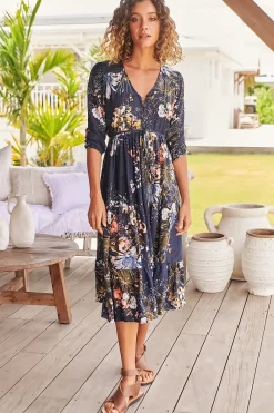Eve Midi Dress - V Neck Tiered Dress with Optional Waist Tie in Indigo Print><noscript><img width=