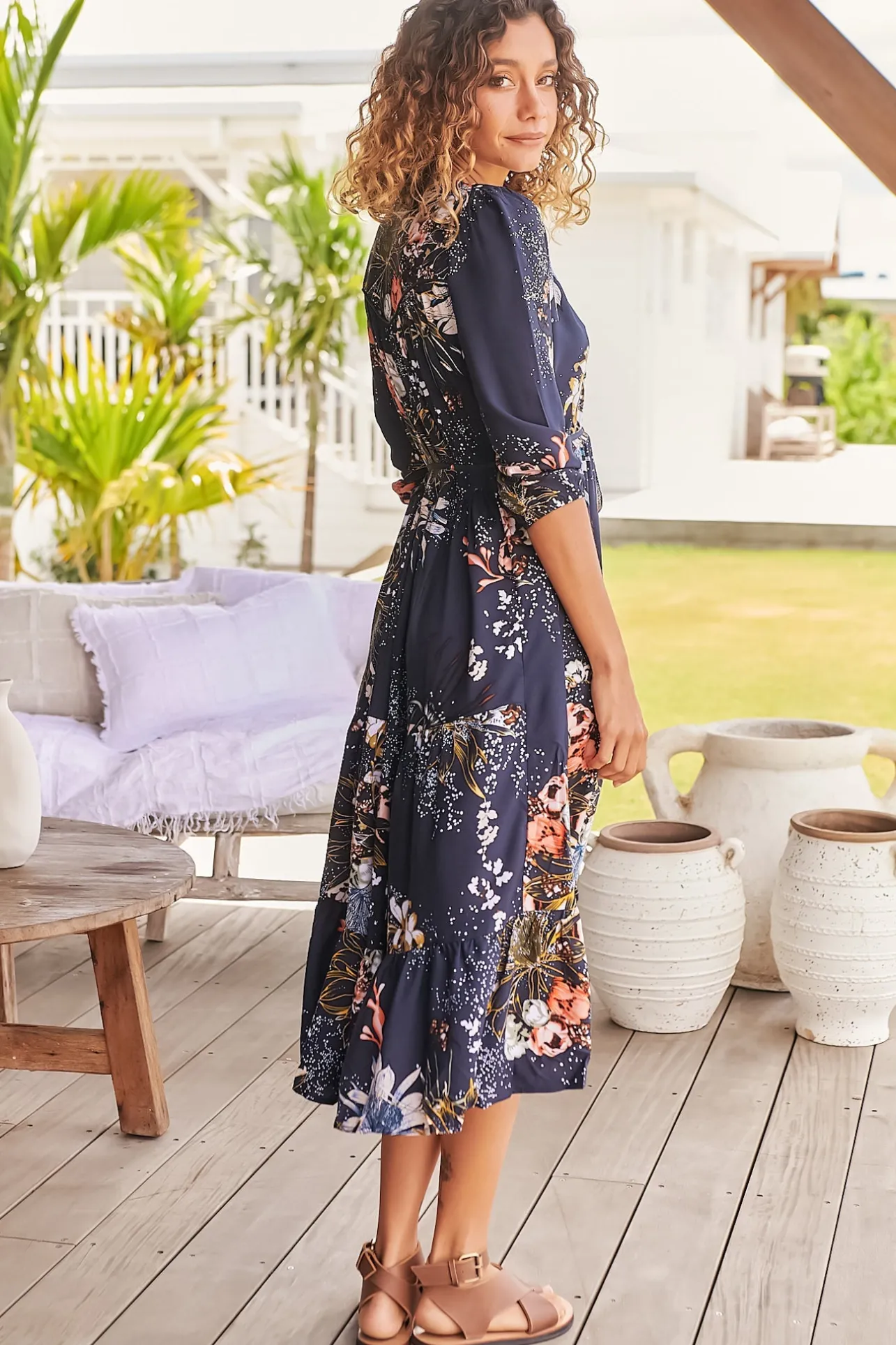 Eve Midi Dress - V Neck Tiered Dress with Optional Waist Tie in Indigo Print>Jaase
