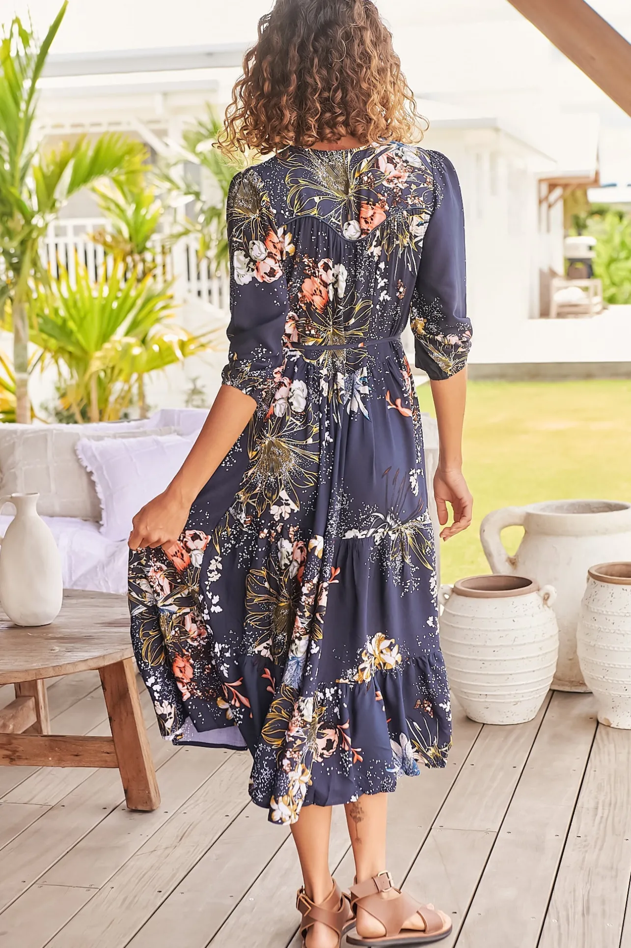 Eve Midi Dress - V Neck Tiered Dress with Optional Waist Tie in Indigo Print>Jaase