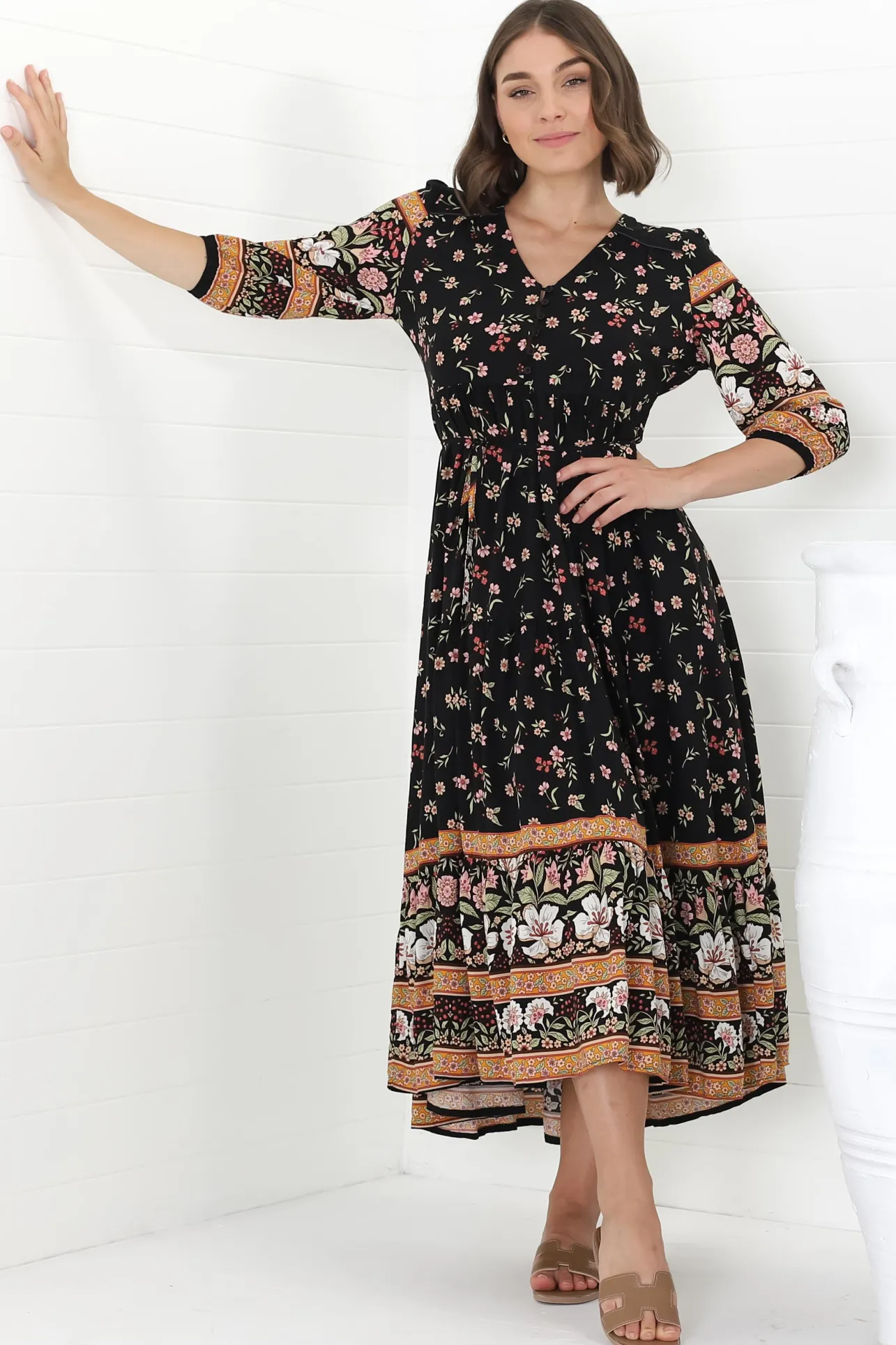 Eve Midi Dress - V Neck Tiered Dress with Option Waist Tie in Eternity Print>Jaase Hot