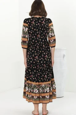 Eve Midi Dress - V Neck Tiered Dress with Option Waist Tie in Eternity Print><noscript><img width=