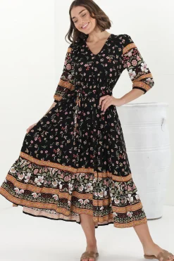 Eve Midi Dress - V Neck Tiered Dress with Option Waist Tie in Eternity Print><noscript><img width=