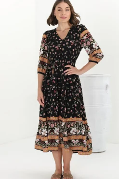 Eve Midi Dress - V Neck Tiered Dress with Option Waist Tie in Eternity Print><noscript><img width=