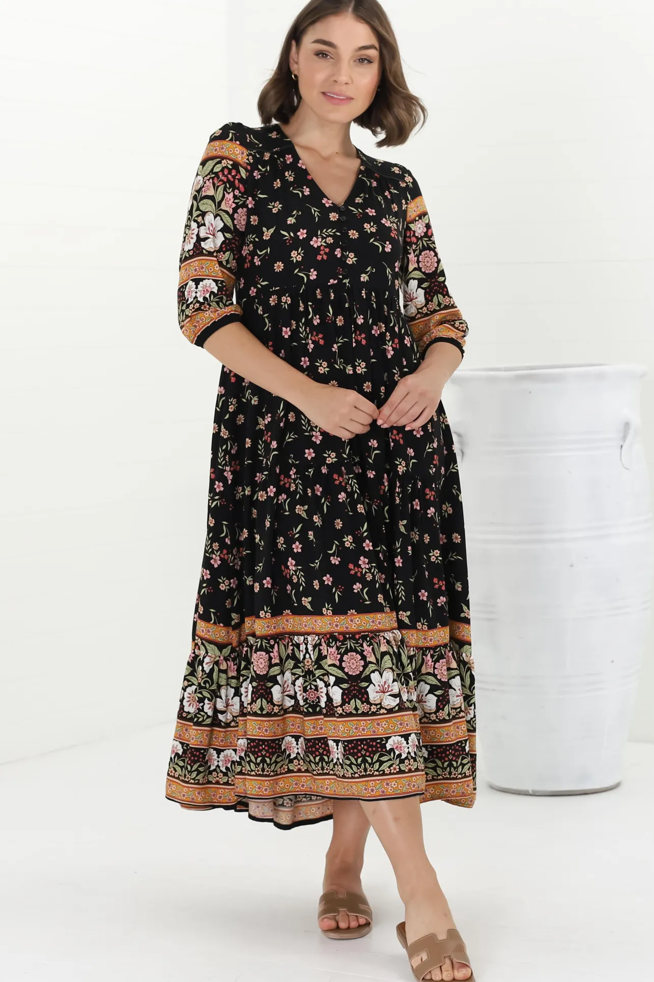 Eve Midi Dress - V Neck Tiered Dress with Option Waist Tie in Eternity Print>Jaase Hot