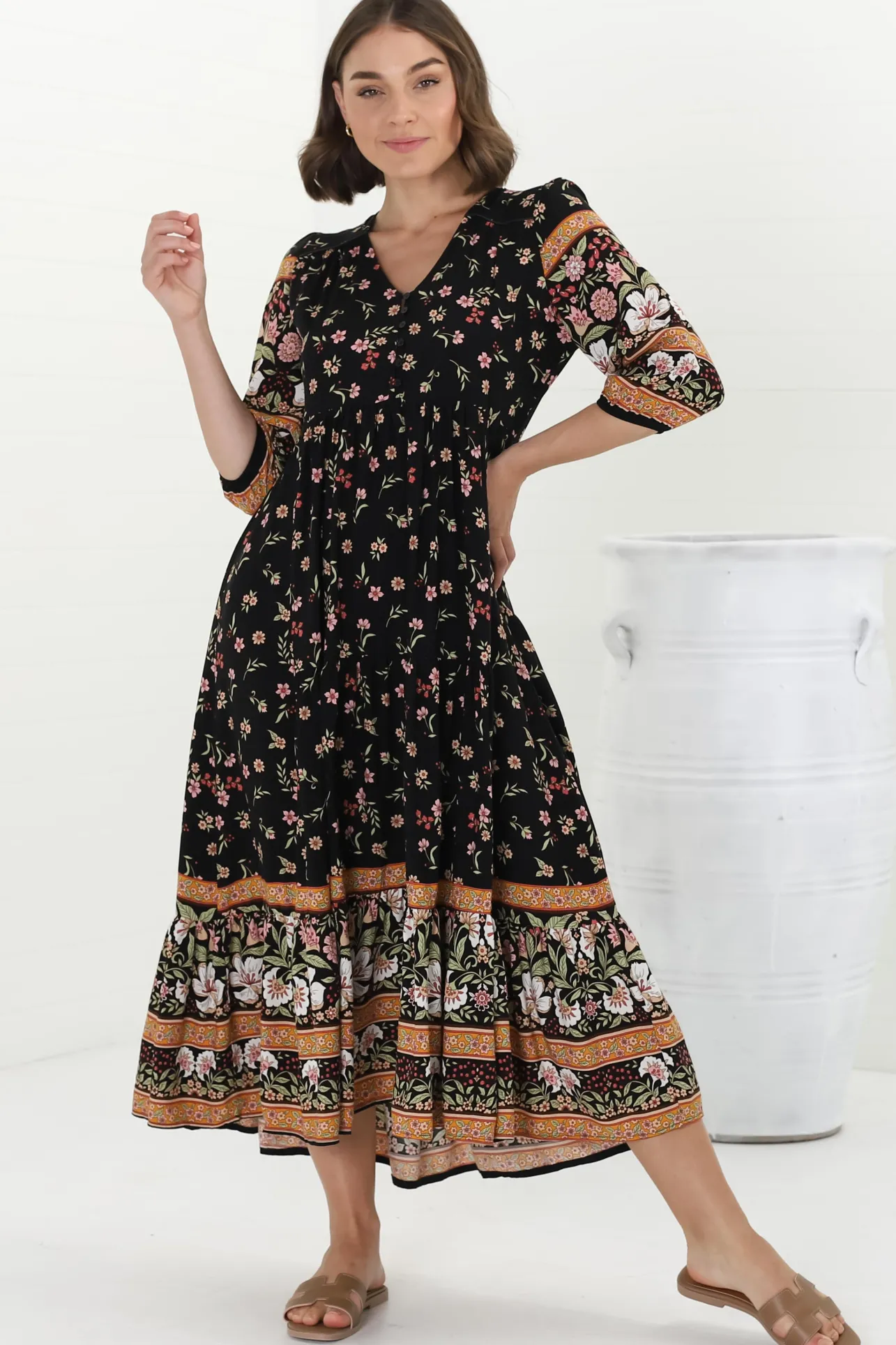 Eve Midi Dress - V Neck Tiered Dress with Option Waist Tie in Eternity Print>Jaase Hot
