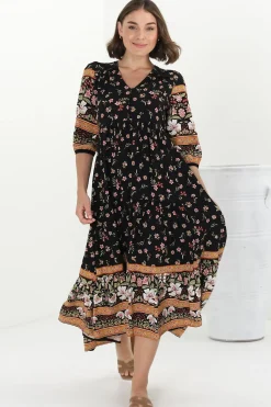 Eve Midi Dress - V Neck Tiered Dress with Option Waist Tie in Eternity Print><noscript><img width=