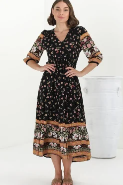 Eve Midi Dress - V Neck Tiered Dress with Option Waist Tie in Eternity Print><noscript><img width=