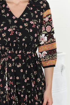 Eve Midi Dress - V Neck Tiered Dress with Option Waist Tie in Eternity Print><noscript><img width=