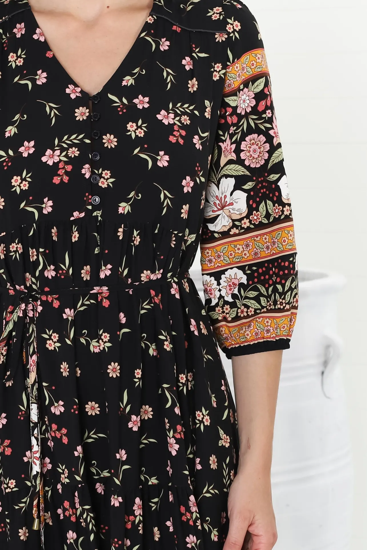 Eve Midi Dress - V Neck Tiered Dress with Option Waist Tie in Eternity Print>Jaase Hot
