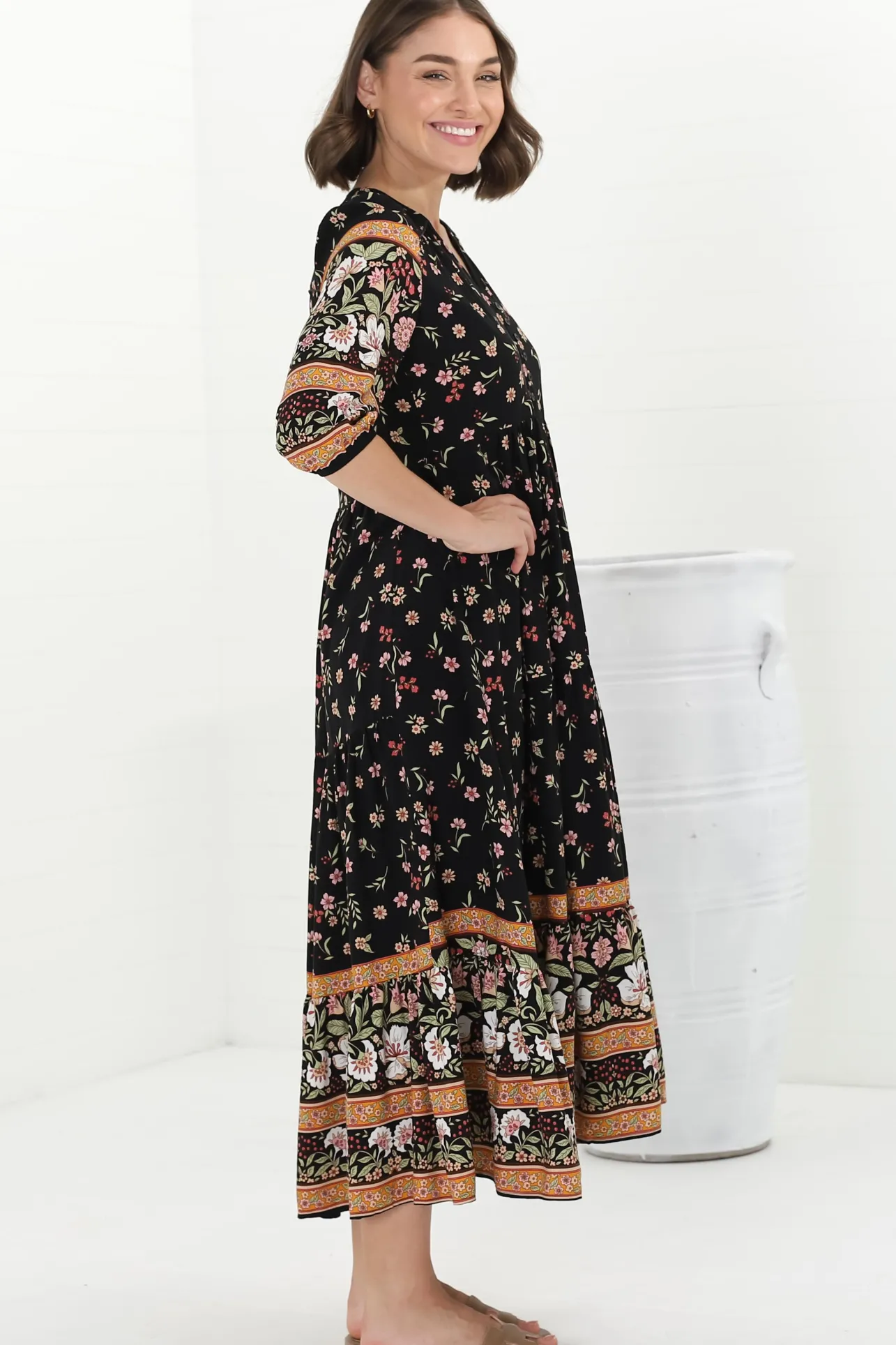 Eve Midi Dress - V Neck Tiered Dress with Option Waist Tie in Eternity Print>Jaase Hot