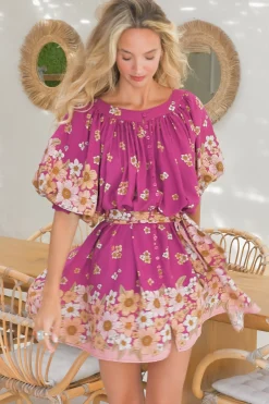 Evelyn Mini Dress: Scoop Neck Smock Dress with Pockets and Waist Tie in Bee Orchid Print><noscript><img width=