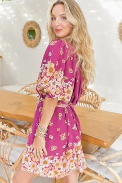 Evelyn Mini Dress: Scoop Neck Smock Dress with Pockets and Waist Tie in Bee Orchid Print><noscript><img width=