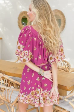 Evelyn Mini Dress: Scoop Neck Smock Dress with Pockets and Waist Tie in Bee Orchid Print><noscript><img width=