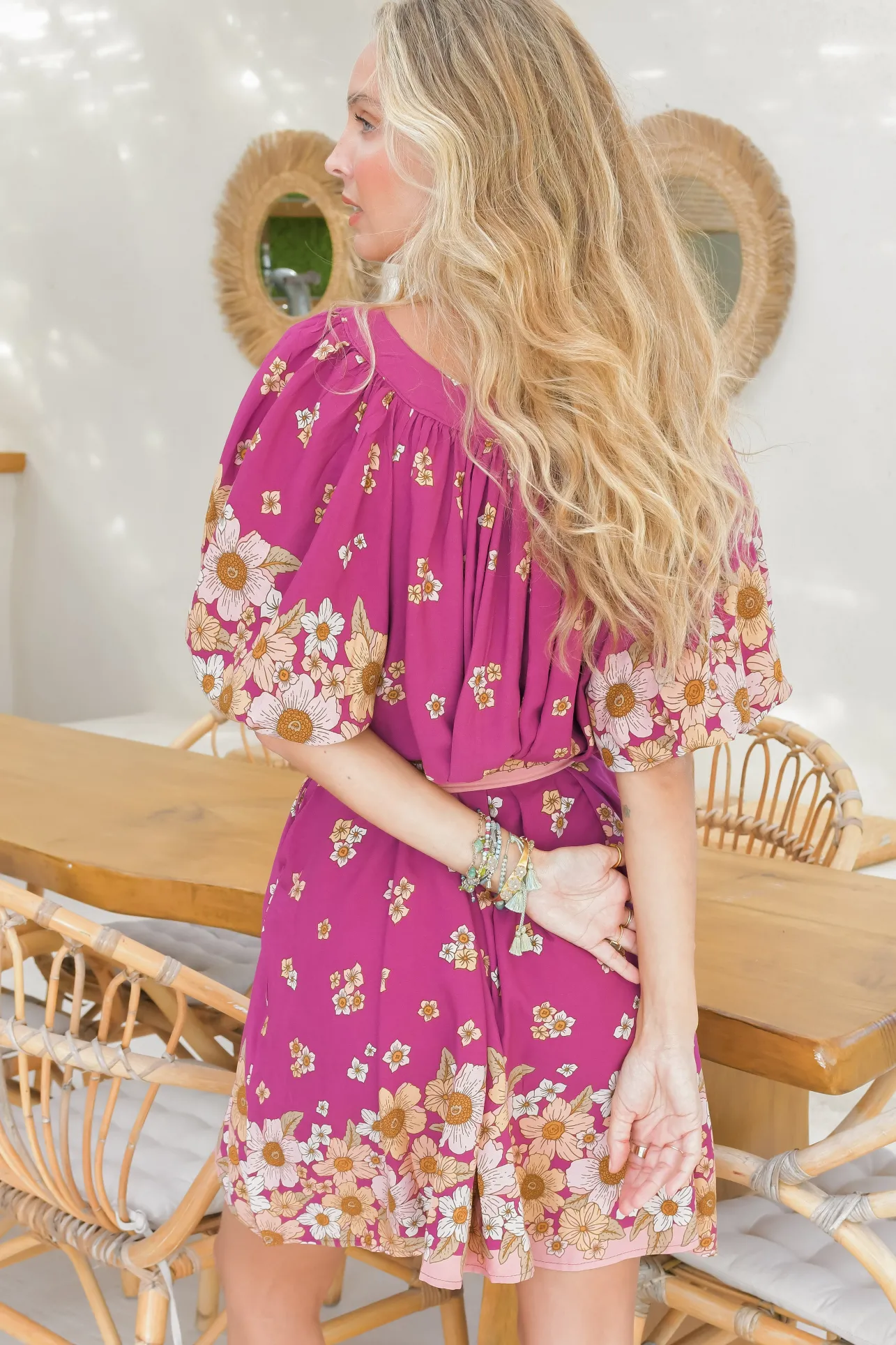 Evelyn Mini Dress: Scoop Neck Smock Dress with Pockets and Waist Tie in Bee Orchid Print>Jaase Discount