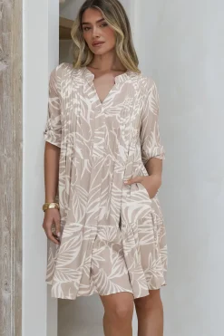 Evie Mini Dress - 3/4 Sleeve Tiered Smock Dress in Jeani Print Beige><noscript><img width=