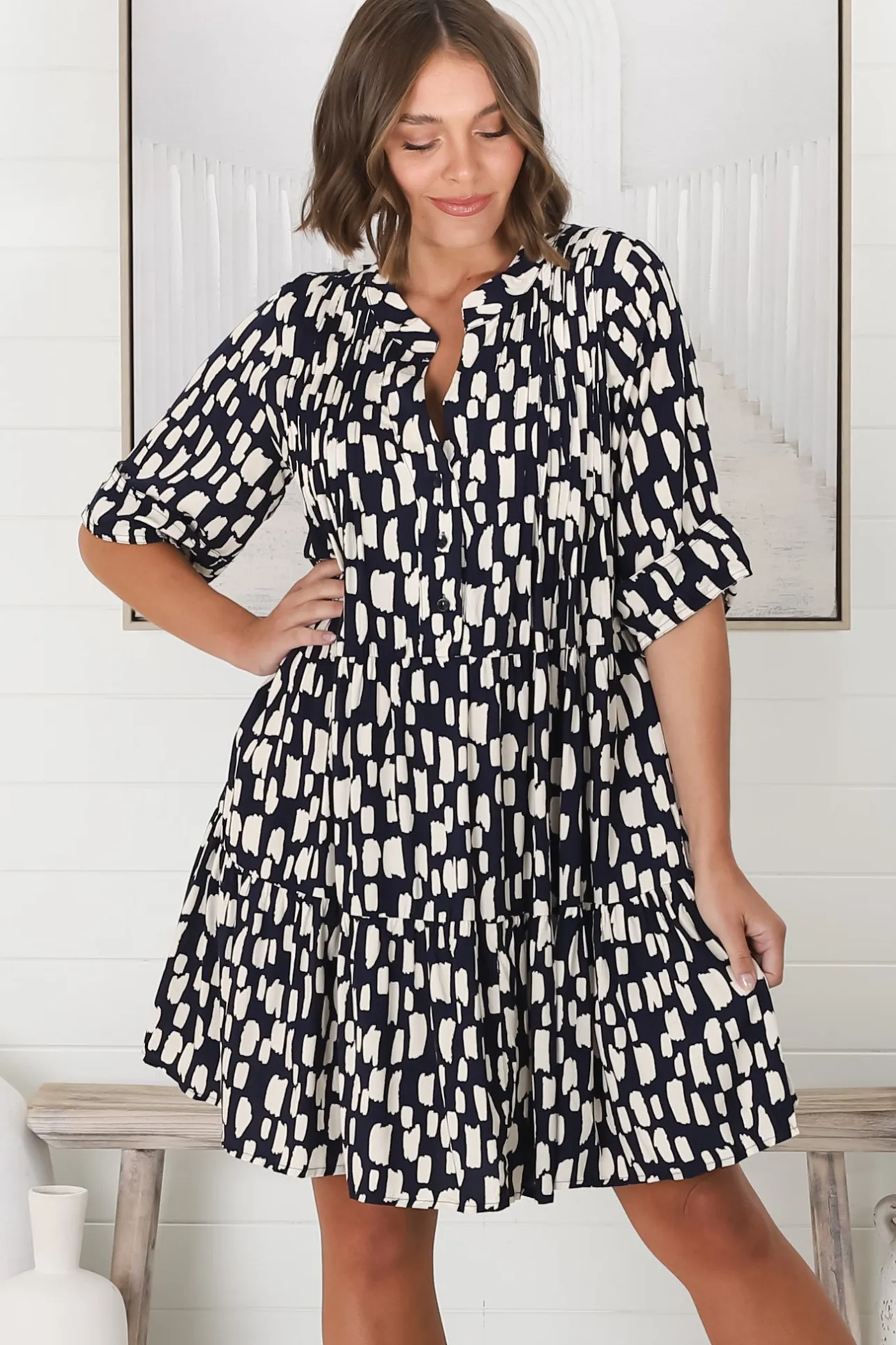 Evie Mini Dress - 3/4 Sleeve Tiered Smock Dress in Navy>Salty Crush Discount