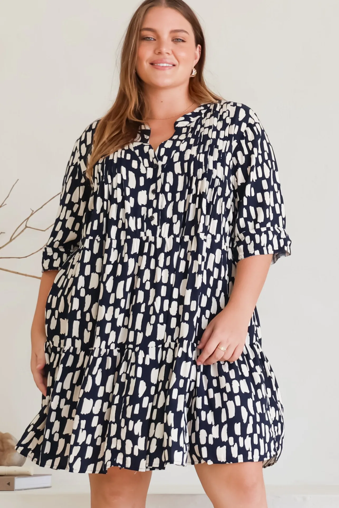 Evie Mini Dress - 3/4 Sleeve Tiered Smock Dress in Navy>Salty Crush Discount